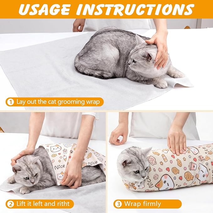 35.5 in Extra Large Cat Wrap for Cutting Nails, Self-Adhesive Cat Grooming Wrap Orange Anti-Escape Cat Restraint for Nail Clipping Cat Swaddle Wrap Cat Wrapping Cloth for Pet Cleaning and Beauty