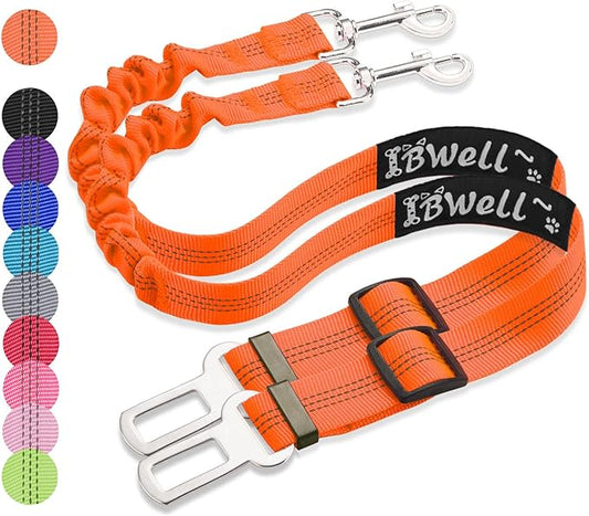 IBWell Dog Seat Belt with Elastic Bungee Leash, Car Seat Belt for Dogs (Orange, 2PCS-27.6")