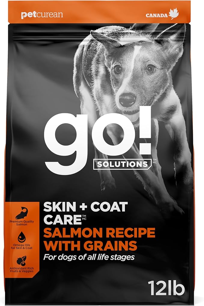 Go! Solutions Skin + Coat Care Salmon Dry Dog Food with Grains, Chicken-Free, Healthy Kibble with Omega-3s & 6s for Soft, Shiny Fur, for Puppies, Adults, & Seniors, 12 lb Bag