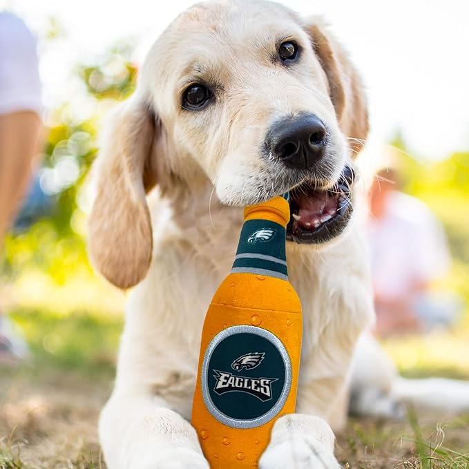 Pets First NFL Philadelphia Eagles Beer Bottle Plush Dog & CAT Squeak Toy - Cutest Stadium SODA Bottle Snack Plush Toy for Dogs & Cats with Inner Squeaker & Beautiful Football Team Name/Logo