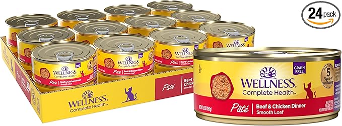 Wellness Complete Health Pate Adult Canned Wet Cat Food, Natural, Protein Rich, Grain Free, Beef and Chicken Dinner Recipe, 5.5 oz, Pack of 24 Cans