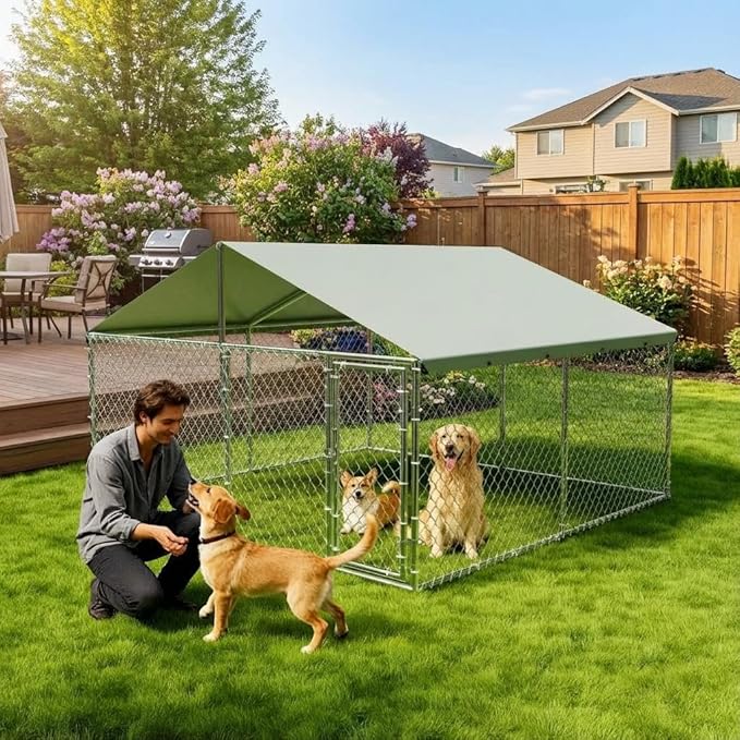 GarveeHome 10X10x6 FT Large Outdoor Dog Kennel, Dog Kennel Outside with Roof, Dog Enclosure with Waterproof & UV-Resistant Cover ＆ Reinforced Galvanized Steel for Yard, Farm Use