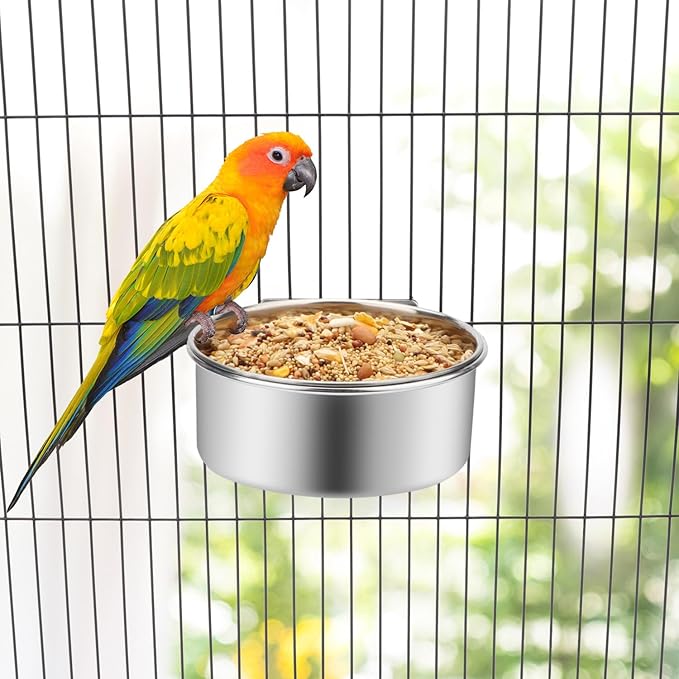 Wontee Pet Food Water Bowl with Clamp Holder Stainless Steel Feeding Cups Feeder for Dog Bird Parrot Cat Rabbit, 2 Packs (L)