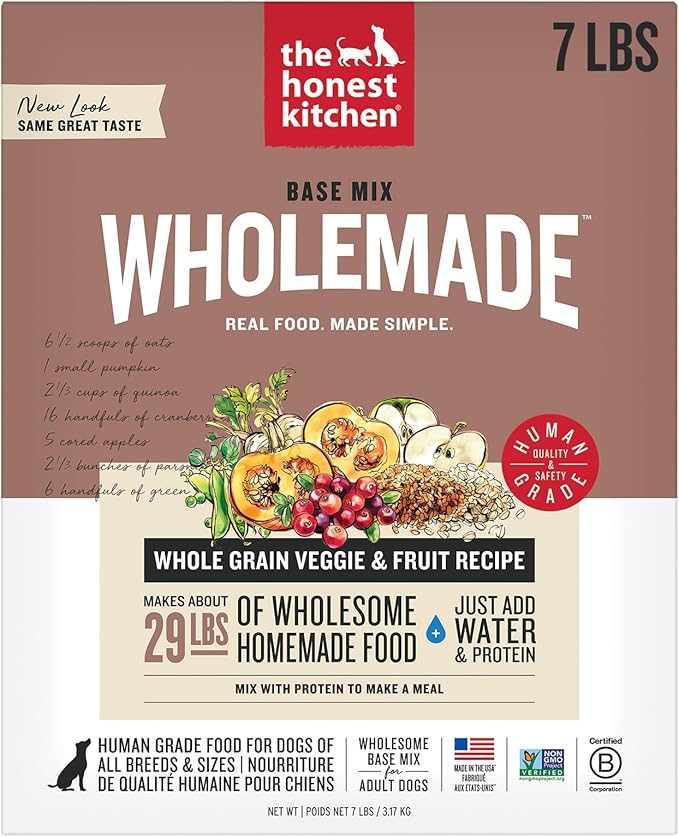 The Honest Kitchen Human Grade Wholemade™ Dehydrated Dog Food, Whole Grain, Veggie & Fruit Base Mix Dog Food (Just Add Protein), 7 lb (makes 28lbs)