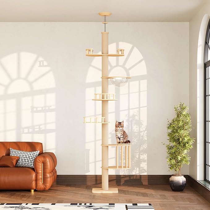 Fansafurn Floor-to-Ceiling Adjustable Cat Tree Tower with Acrylic Capsule, Space-Efficient Multi-Level Structure, Sisal-Wrapped Scratching Posts, Ideal for Kittens and Large Cats, Stable and Modern