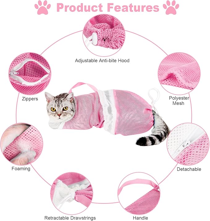 Cat Bathing Bag Adjustable Cat Grooming Net Bag Anti-bite & Anti-Scratch Cat Bath Washing Restraint Bag, Breathable Mesh Cat Grooming Bag for Shower, Nail Trimming, Injection