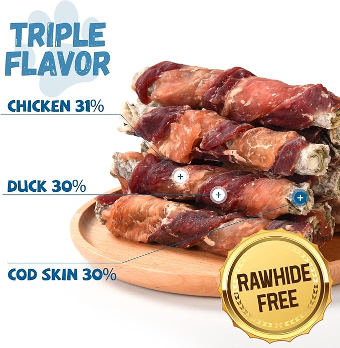 Pawmate Dog Treats Chicken Duck Wrapped Cod Skin Sticks, Rawhide-Free, Grain-Free Dog Chewy Treats for Healthy Teeth and Coat,Training Treats for Small Medium Large Dogs, 9-10 Counts