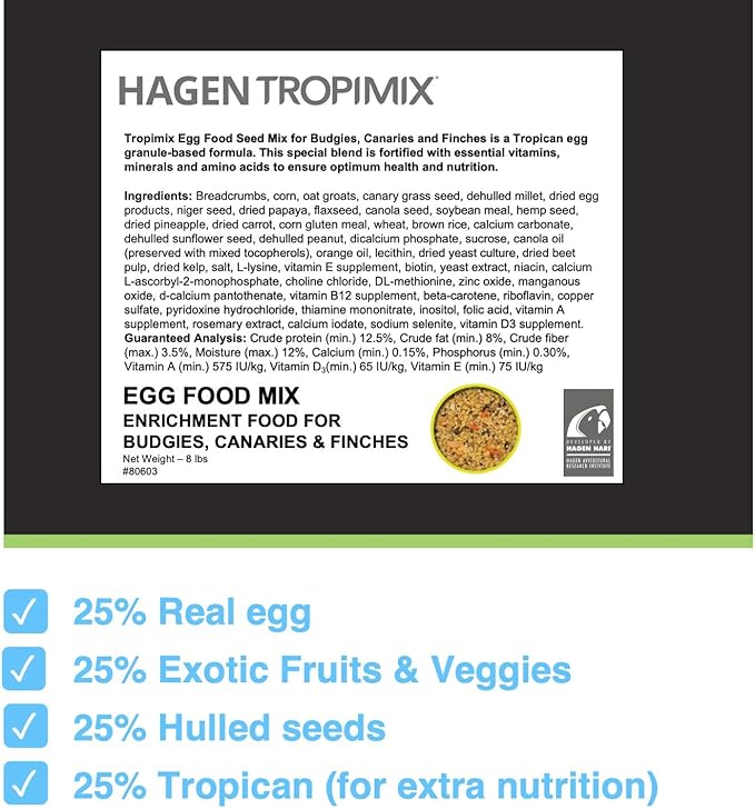 HARI Tropimix Bird Food for Budgies, Canaries And Finches, Hagen Parrot Food with Seeds, Egg, Fruits and Vegetables, Egg Food Mix, 8 lb Bag