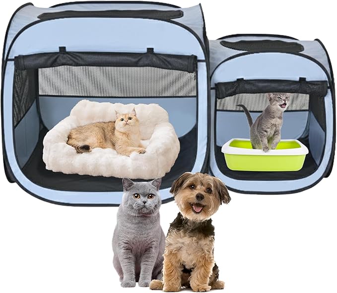 EighteenTek® 2-in-1 Portable Cat Playpen(Front Doors), Pop up Kitten Playpen, Assembly-Free, Pet Tent Crates Kennel Cage Enclosure for Dog Puppy Indoor Outdoor(No Divider, Unified Space)