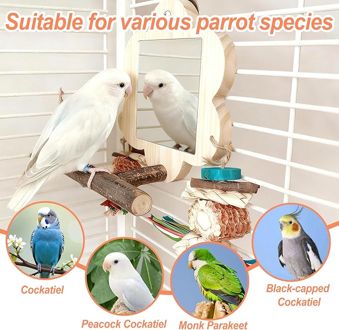 Bird Mirror with Perch, Cockatiel Mirror for Cage, Parakeet Toys with Chew Toy,Bird Cage Accessories for Parrot Conure Lovebirds Finch Canaries (Corn Cob)