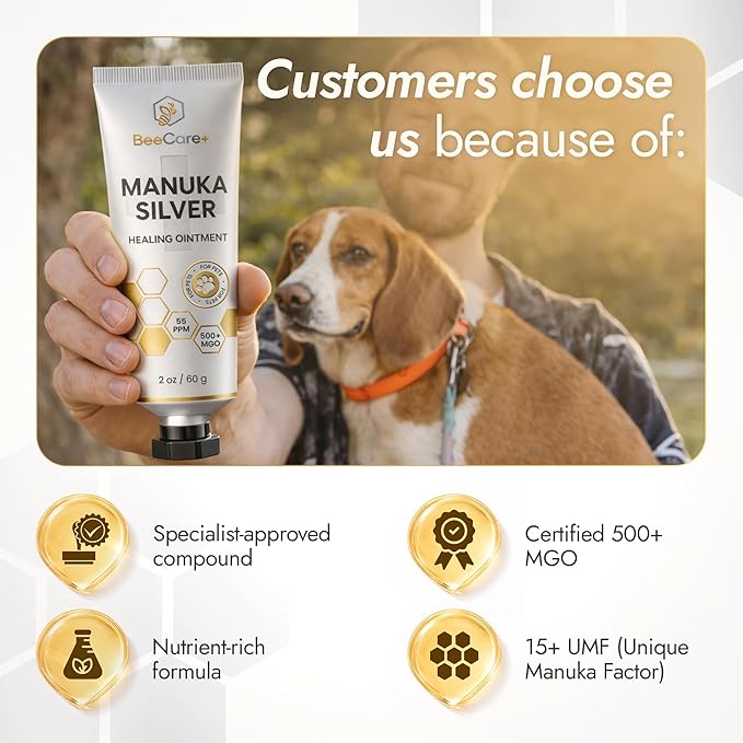 Hot Spot Treatment for Dogs Wound Support – Helps with Scratches, Cuts, Irritations, Rashes, Bites – Colloidal Silver and Manuka Honey for Dogs – Cat Wound Care 500+ MGO in a 2-oz Tube