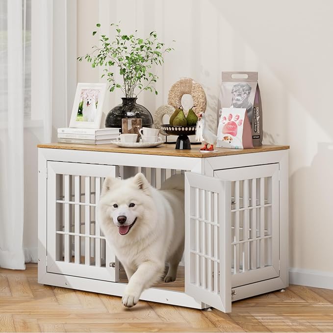 Snuowu 42" Heavy-Duty Dog Crate Furniture for Large/Medium Dogs, XL Wooden Dog Cage Kennel Indoor Furniture, Decorative Pet House End Table,White & Wood