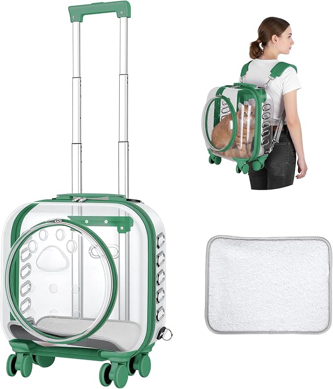 Cat Carrier Backpack with Silent Wheels, Clear Cat Stroller with Ventilation Holes, Telescopic Handle, Convenient Portable Cats Dogs Backpack for Travel (Green-B)