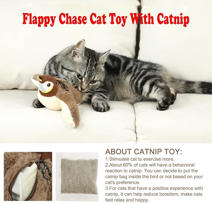 Upgraded Flappy Chase Interactive Chirping Bird Cat Toy with Flapping Wings,No Flying, Interactive Simulation Electric Cat Toy for Cats and Small Dogs-Cat Toys Touch Activated, Rechargeable