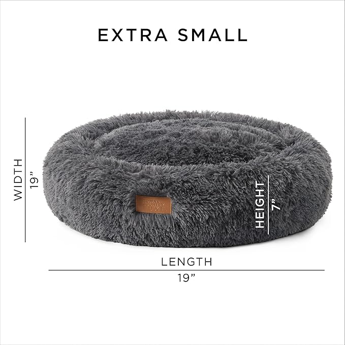 Town & Country Luxe CuddleTown Fuzzy Solid Donut Pet Bed, Soft, Cozy & Calming, Non-Slip Bottom, 100% Machine Washable, Dark Grey, XS 19"x19"x7" Round
