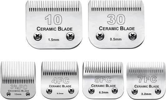 6Pack 10Blades Dog Grooming Replacement Blades Compatible with Andis Pet Clipper/Oster A5/Wahl KM Series Dog Clipper,Ceramic Blade & Stainless Steel Blade (#10+30+5FC+7FC+3FC+4F)