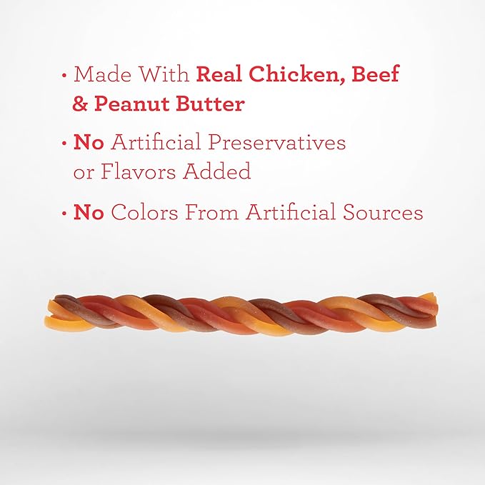 DreamBone Triple Flavor Twisties Chews for Dogs, Treat Your Dog to Rawhide-Free Chews Made with Real Chicken, Beef and Peanut Butter, 25 Count