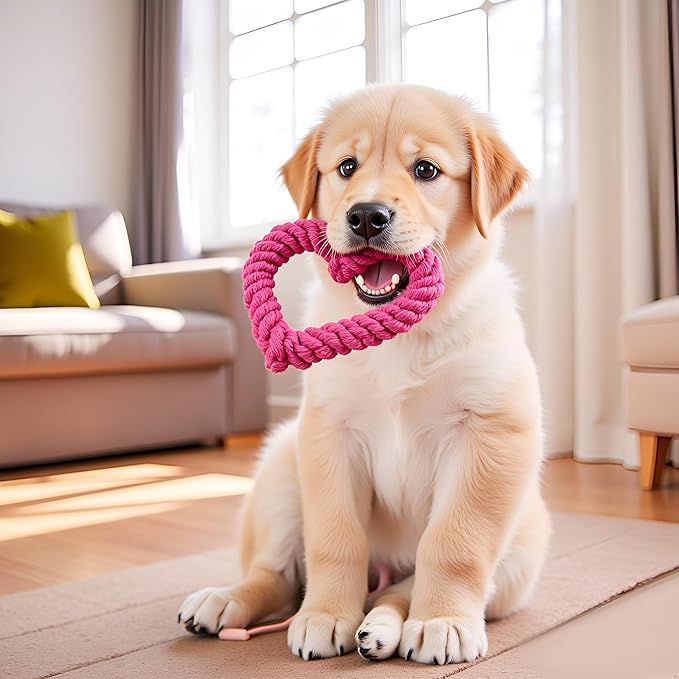 Pink Cute Dog/Cat Chew Toys, Dog Toys for Chewers, Heavy Duty Dental Dog Rope Toy for Dogs, Creative Love Heart Shaped Interactive Rope Dog Toys, Cotton Puppy Teething Chew Tug Toy Dark Pet Supplies