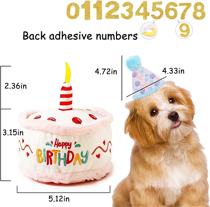 Dog Birthday Toy Pup Cake Puppy Plush Squeak and Crinkle Gift for Small Medium Pet (White)