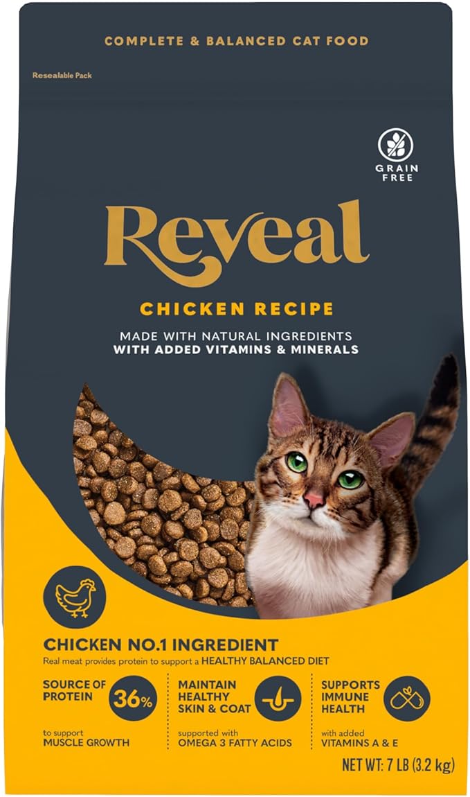 Reveal Natural Dry Cat Food, High Protein, Grain Free with Added Vitamins & Minerals, Complete & Balanced Nutrition for Cats, Chicken Recipe (7 Pound Bag)
