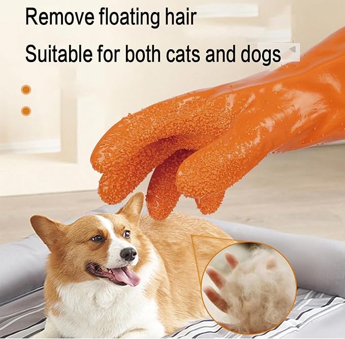 YOFANG 14" Long Pet Grooming Gloves for Washing & Hair Removal,Waterproof Rubber Cat Bite-Proof Brush Gloves,Dog Bath Glove with Soft 3500+ Particles Massage,Orange