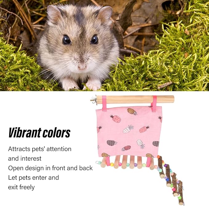 Bird Nest Hut Hammock Tent with Ladder, Parrot Snuggle Tent with Open Front and Back, Vibrant Color Climbing Toy for Small Birds, Safe Cloth and Wood Bird Cage Accessory