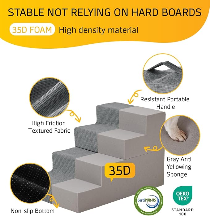 ABCPET Dog Stairs for High Bed, Dog Steps for Bed Couch Sofa, 35D Foam Extra Wide Pet Steps for Small Dogs and Cats, Pet Stairs with Non-Slip Bottom Grey, 5 Steps