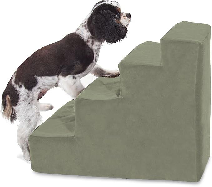 Majestic Pet 4 Step Portable Dog Stairs for Small Dogs to get on Bed Supports 25 lbs or Less – Dog Steps for High Bed with Machine Washable Cover – Pet Stairs for Cats Suede Sage