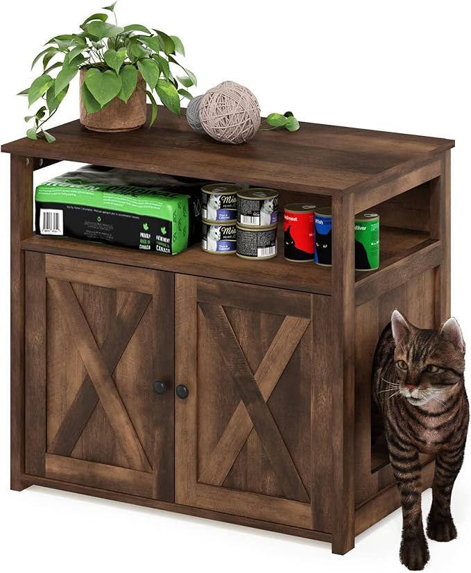 Furinno Peli Farmhouse Cat Litter Cabinet Storage with 2 Doors, Rustic Brown