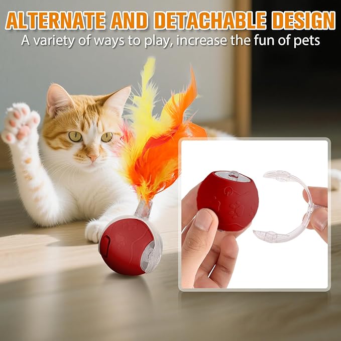 Interactive Cat Toys for Indoor,Automatic Moving Electric Rolling Pet Ball,Smart Teasing Toy for Kitty,3 Modes and USB Rechargeable,Tail 2.0 Cat Feather Toy Red