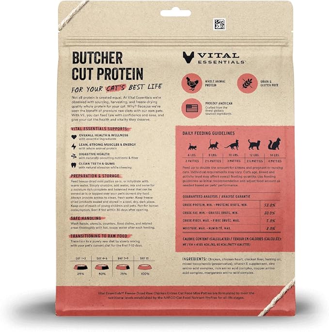 Vital Essentials Freeze Dried Cat Food, Raw Chicken Mini Patties | Complete Meal or Topper | Easy to Portion and Rehydrate | High Protein, Grain Free Dry Cat Food | 15 oz Bag