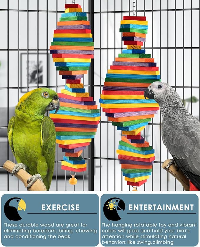 Bissap 2 PCS Bird Chew Toys, Multicolored Bagel Cascade Medium Large Bird Parrot Chewing Sticks Biting Wooden Blocks Toy for Big Amazon Senegal Cockatoos Macaws African Grey Similar Sized Pet Birds