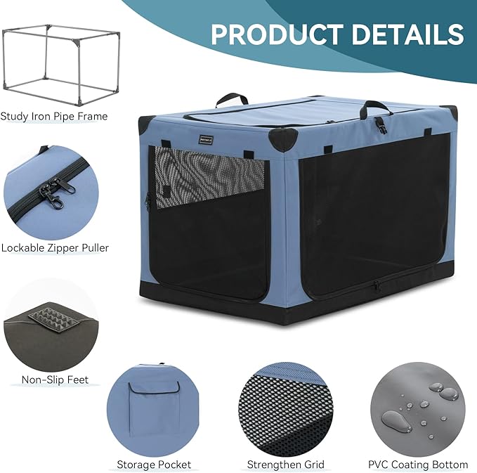 PETSFIT 40" Soft Portable Dog Crate – Patented Spiral Sturdy Frame, Collapsible Travel Kennel for Large Dogs, 3 Mesh Door, Lockable Zippers, Indoor & Car Use Blue