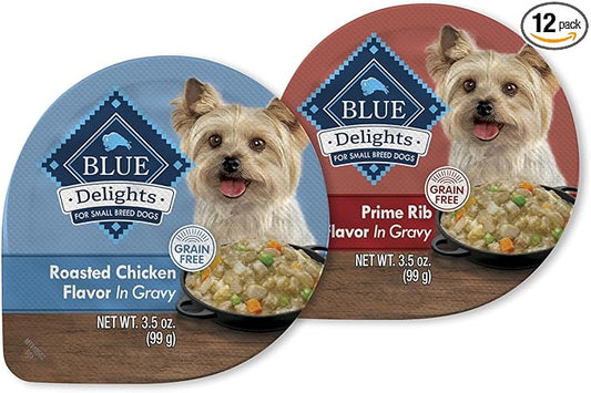 Blue Buffalo Delights Natural Adult Small Breed Wet Dog Food Cups, in Gravy, Chicken and Prime Rib 3.5-oz (12 Pack- 6 of Each Flavor)