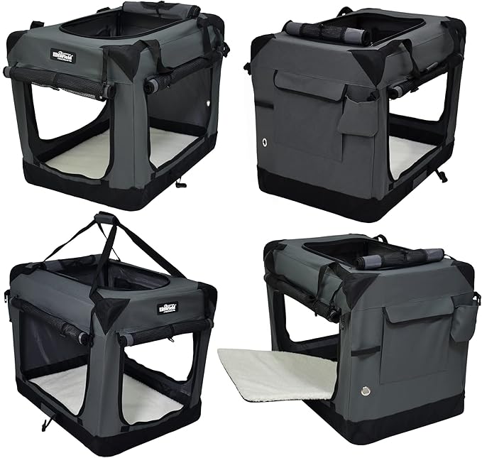 EliteField 4-Door Folding Soft Dog Crate with Curtains, Carrying Bag and Fleece Bed (2 Year Warranty), Indoor & Outdoor Pet Home (30" L x 21" W x 24" H, Gray+4 Door Curtains)