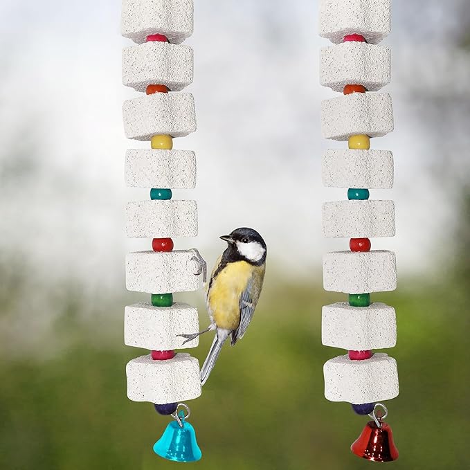 5 Pcs Large Beak Grinding Calcium Stone Bird Chewing Toy with Bells, Pet Cage Accessories for African Grey Parrot Cockatiel Parakeet Chicken Rat Hamster Rabbit Chinchilla