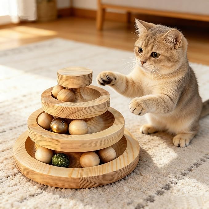 Wooden Cat Toy Ball Track Interactive Cat Toys for Indoor Cats 3 Tier Cat Tower with 9 Removable Balls Bell Catnip Toys for Cats Mental Physical Exercise Kitten Toys Puzzle