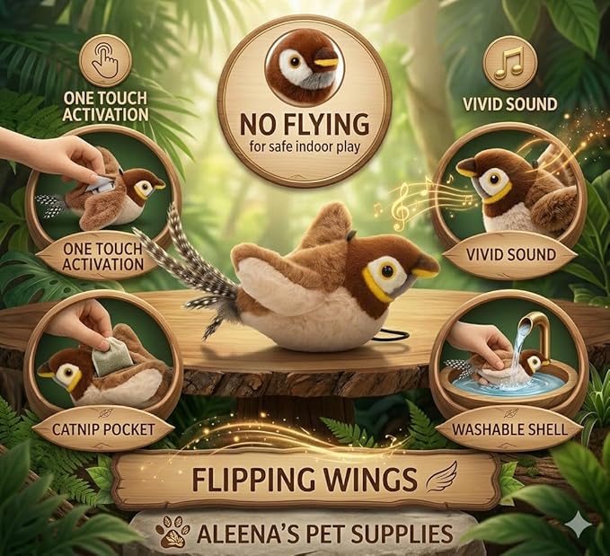 Flappy Bird Cat Toy – Interactive Flapping & Chirping Bird Toy for Cats (No Flying), Indoor Cat Toy for Exercise & Play, Durable Chew Toy, Catnip Toy for Kitten or Small Dogs (Large 9x3")