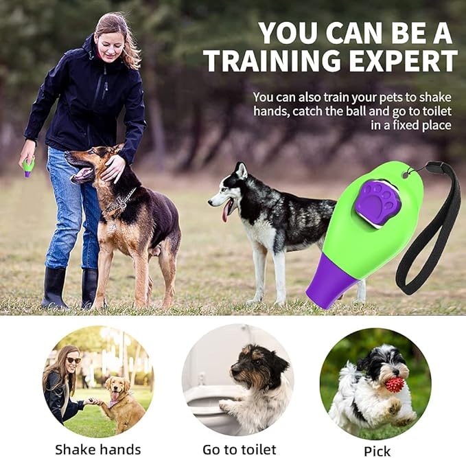 Perwin Dog Training Clicker with Whistle and Wrist Strap - Positive Behavior Reinforcer for Pets - All Ages, Puppy and Adult Dogs - Use to Reward and Train - Dog Whistle Included (Blue)