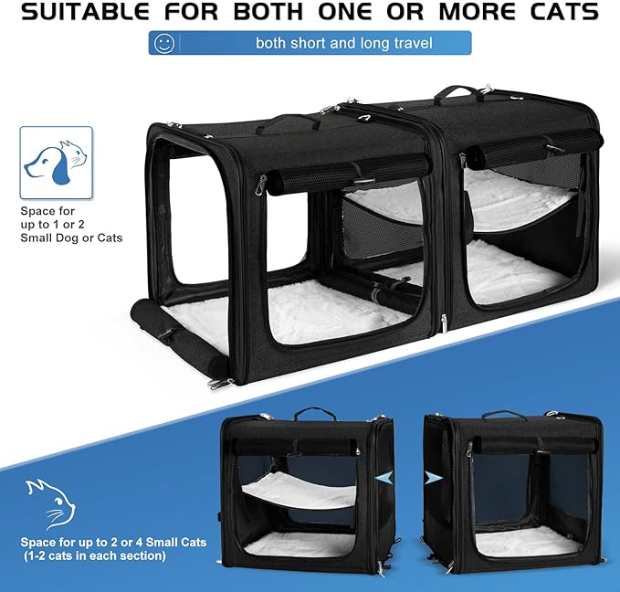 Large Cat Carrier for 2 Cats with Zipper Locks, Double Cat Carrier with Travel Litter Box, Soft Pet Travel Carrier for Cats and Small Dogs Up to 45 Lbs, Black