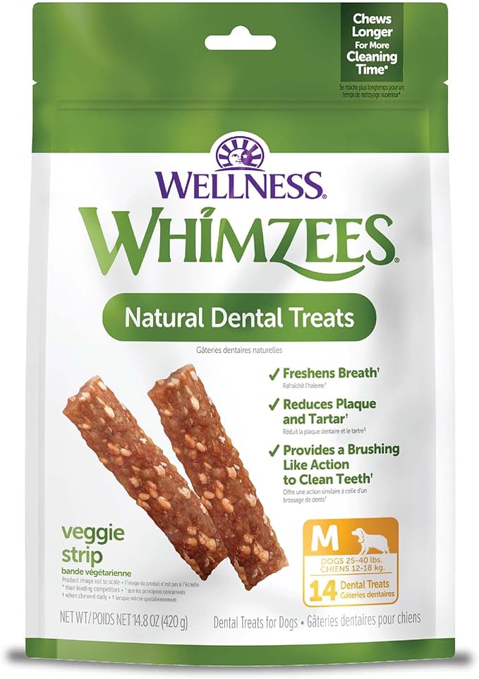 Whimzees Wellness Veggie Strip Dog Dental Treat, Chews, Freshens Breath, Medium Size, 14.81 oz Bag, 14 Count