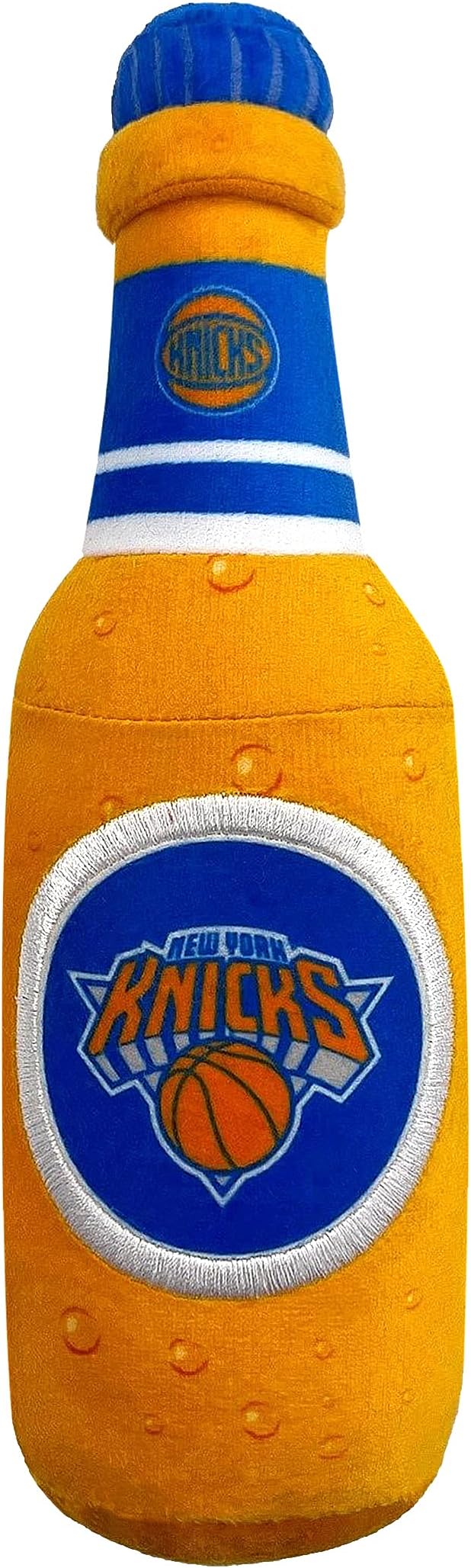 Pets First NBA New York Knicks Beer Bottle Plush Dog & CAT Squeak Toy - Cutest Stadium SODA Bottle Snack Plush Toy for Dogs & Cats with Inner Squeaker & Beautiful Basketball Team Name/Logo