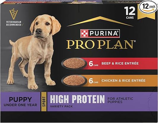 Purina Pro Plan Sport High Protein Wet Puppy Food Beef and Rice Entree and Chicken and Rice Entree Variety Pack - (Pack of 12) 13 oz. Cans