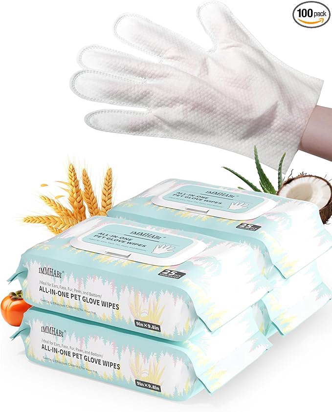 IMMHABI 100 Pcs Pet Glove Wipes, Cleaning & Deodorizing for Dogs & Cats, Hypoallergenic Dog Bath Wipes with Natural Persimmon Tannin, Unscented Wipes for Ears, Fur, Paws