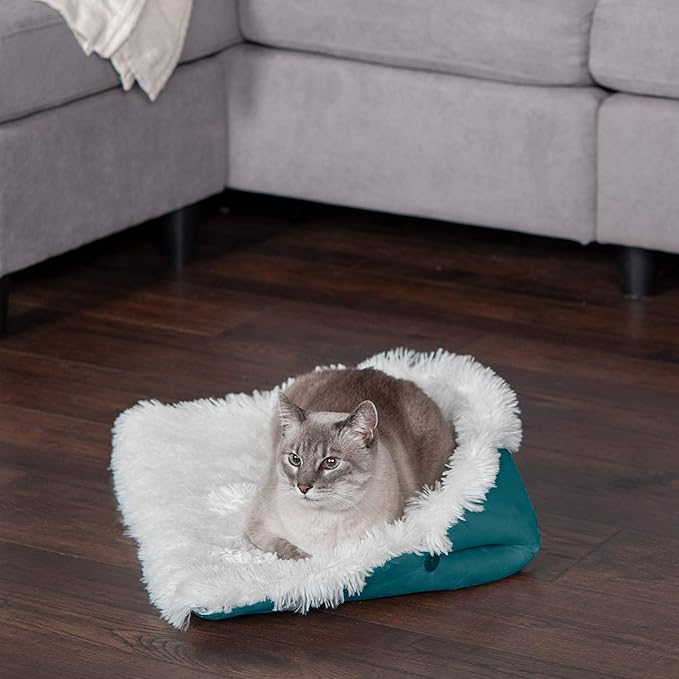 Furhaven Self-Warming Cat Bed for Indoor Cats, 4-Beds-in-1 & Washable - Plush Long Faux Fur Convertible Cuddler - Spruce, Small (Pack of 2)