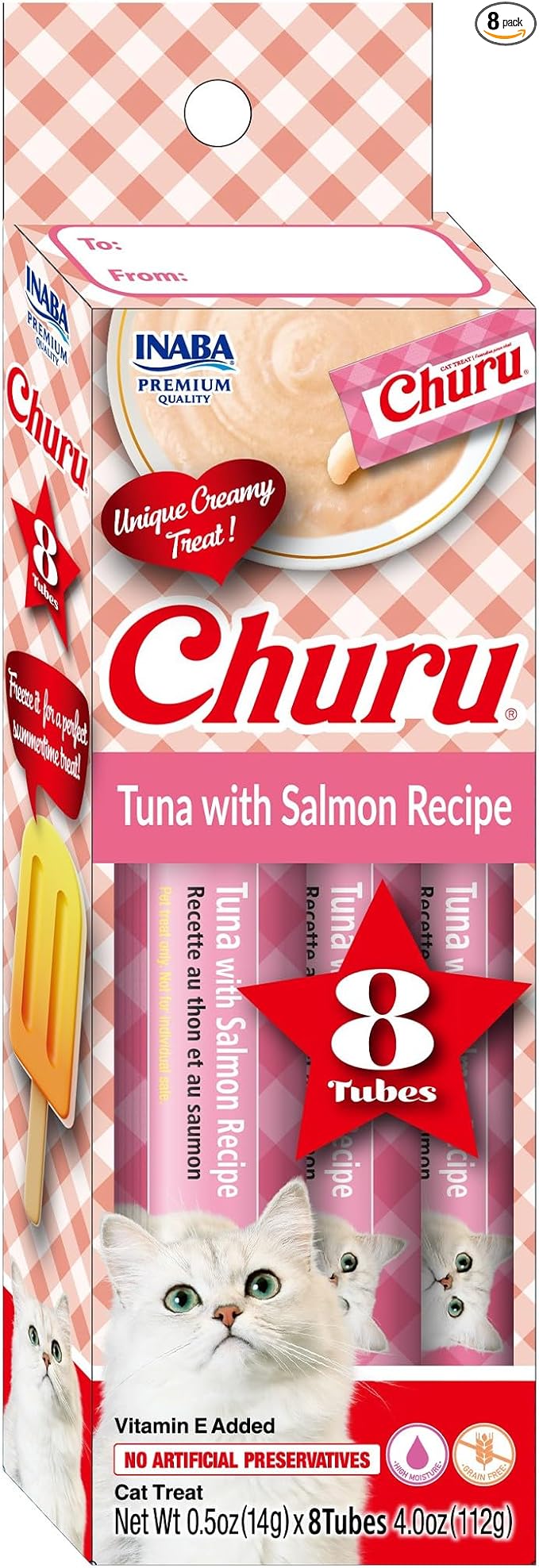 INABA Churu Lickable Purée Natural Cat Treats - Tuna with Salmon Recipe, 8 Tube Box
