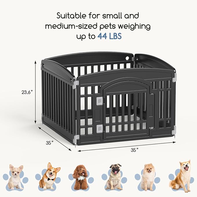 DUMOS Dog Playpen 4 Panels 24" Plastic Exercise Fence Pen with Door Small Puppy, Medium Dogs Animal Pet for Outdoor, Garden, Yard, RV Camping(Black)