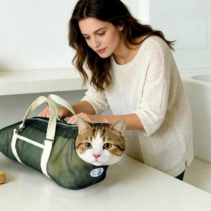 Cinf Cat Bathing Bag(Free Muzzle) Breathable Mesh Anti Scratch Adjustable Cat Grooming Bag for Nail Trimming, Bathing Soft Cat Washing Bag(Moss Green) M