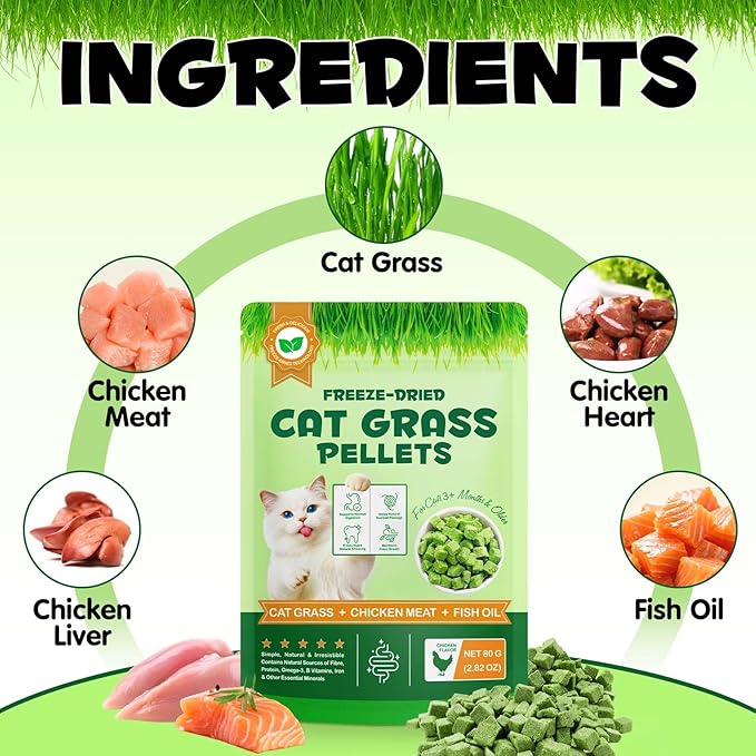 Freeze-Dried Cat Grass Pellets, High Protein 60% for Hairball Control & Digestive Health, Grain-Free Cat Supplements with Chicken & Fish Oil, Crunchy Bites for Cats 3+ Months