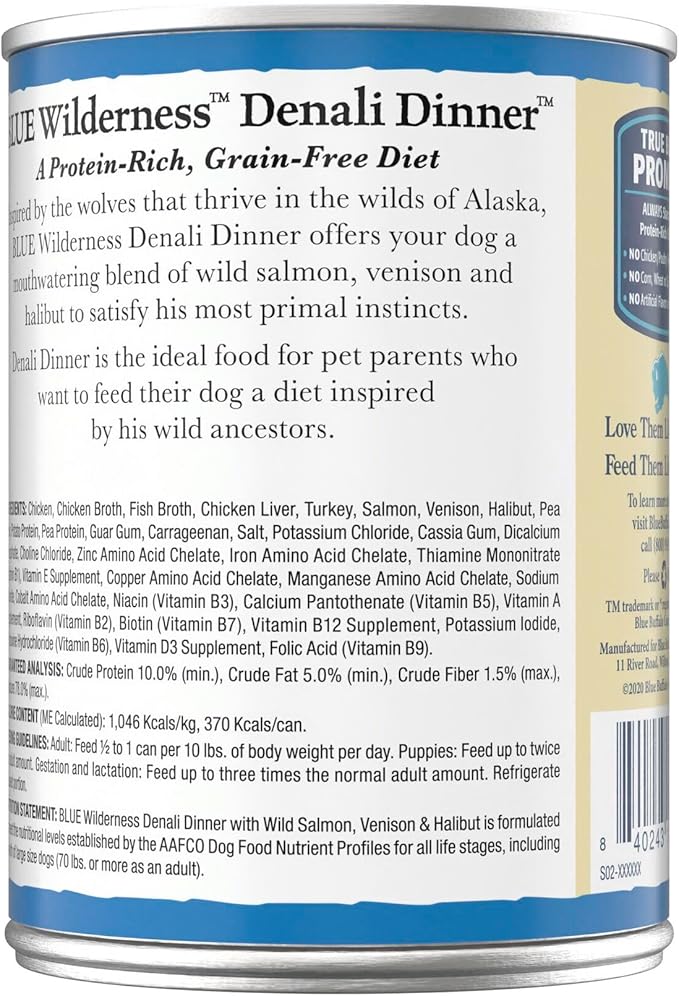 Blue Buffalo Wilderness Denali Dinner Wet Dog Food, High-Protein & Grain-Free Wild Salmon, Venison & Halibut, 12.5-oz Can (12 Count)
